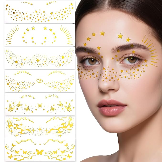 Gold Freckle Tattoo for Halloween - Glitter Temporary Face & Body Tattoos Set (8 Sheets) - Butterfly, Heart & Floral Fake Freckles for Women, Girls, Festival, Party, Costume Accessories
