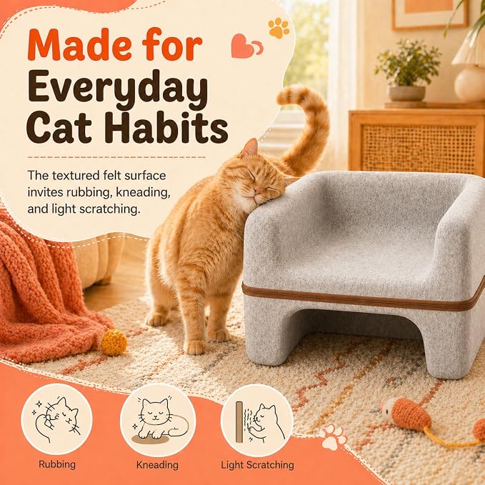 Large Cat Bed for Indoor Cats, 2-Tier Cat Cave Bed with Top Lounge & Lower Hideaway, Washable PET Felt Cat Sofa for Living Room, Bedroom, Apartment, Scratch-Friendly Cat Furniture, Light Gray