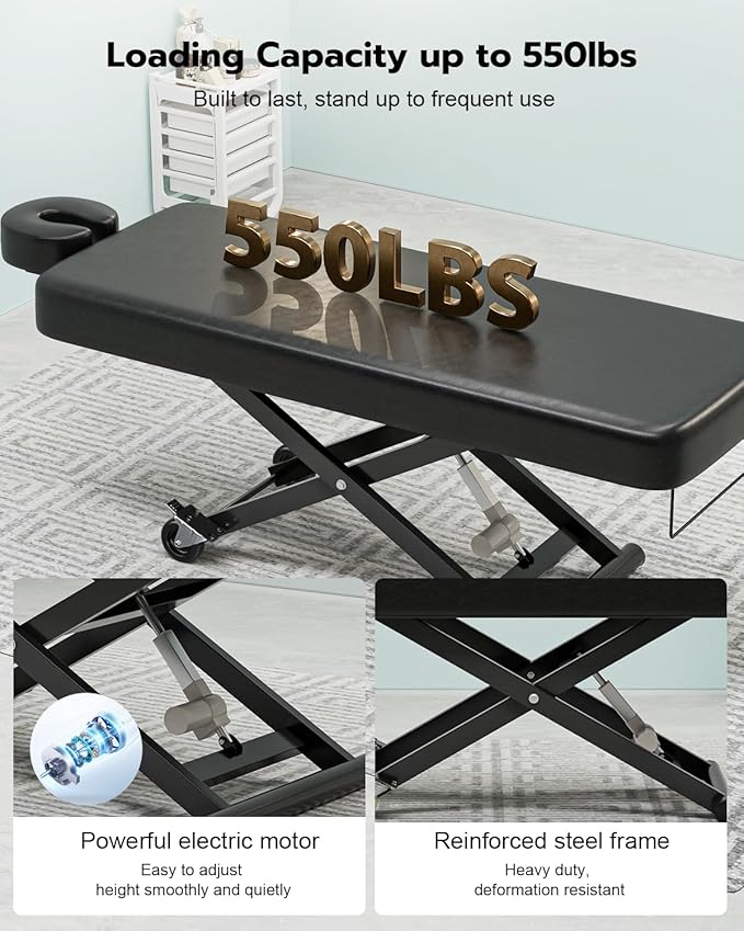 Paddie Flat Electric Lift Massage Table, Professional Spa Bed 6.7" Memory Foam with Adjustable Face Cradle and Rolling Wheels, Black