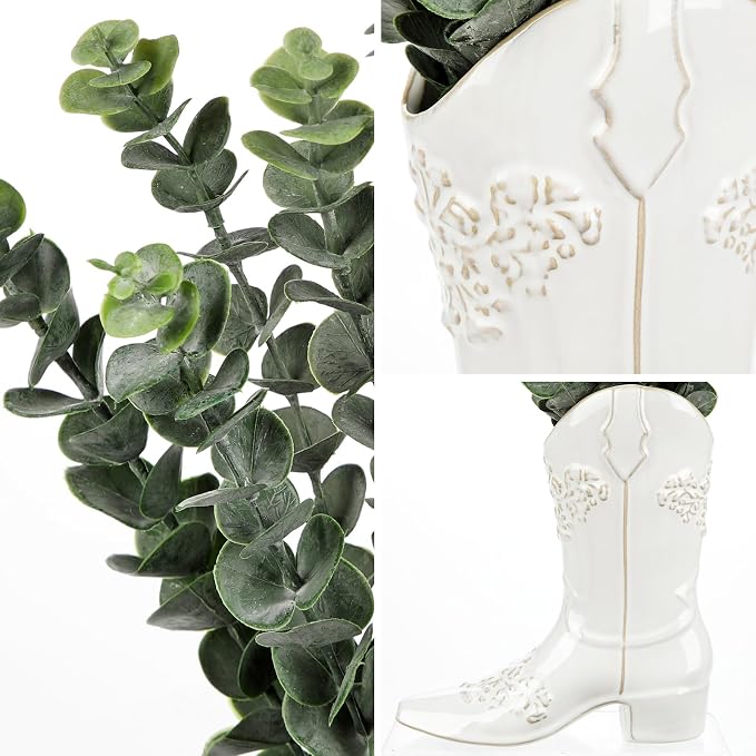 Artificial Eucalyptus Plant in Ceramic Cowboy Boot Vase Faux Greenery Potted Plant for Rustic Farmhouse Decor Western Style Boot Planter with Eucalyptus Stems for Table Centerpiece-18 Inch Tall