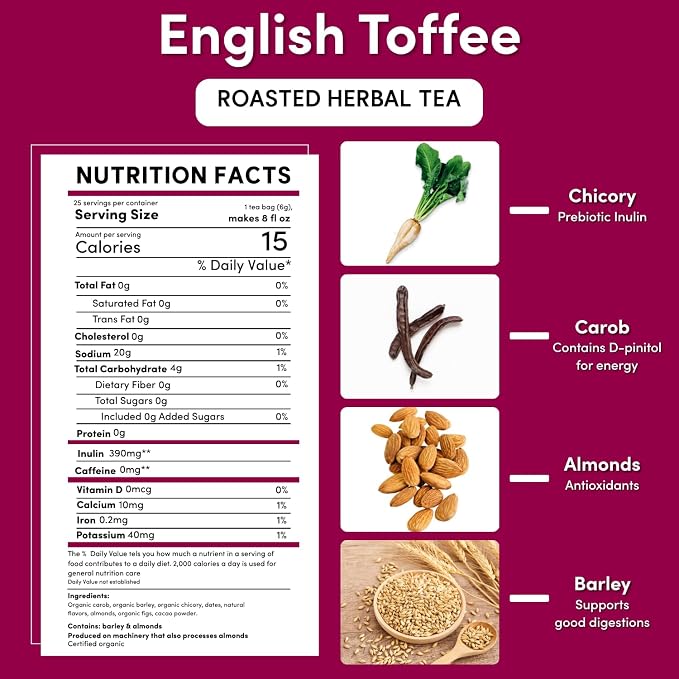 Teeccino English Toffee Herbal Tea - 25 Tea Bags - Rich & Roasted Herbal Tea That’s Caffeine Free & Prebiotic For Natural Energy & Good Digestion, 3 X More Herbs In Each Tea Bag