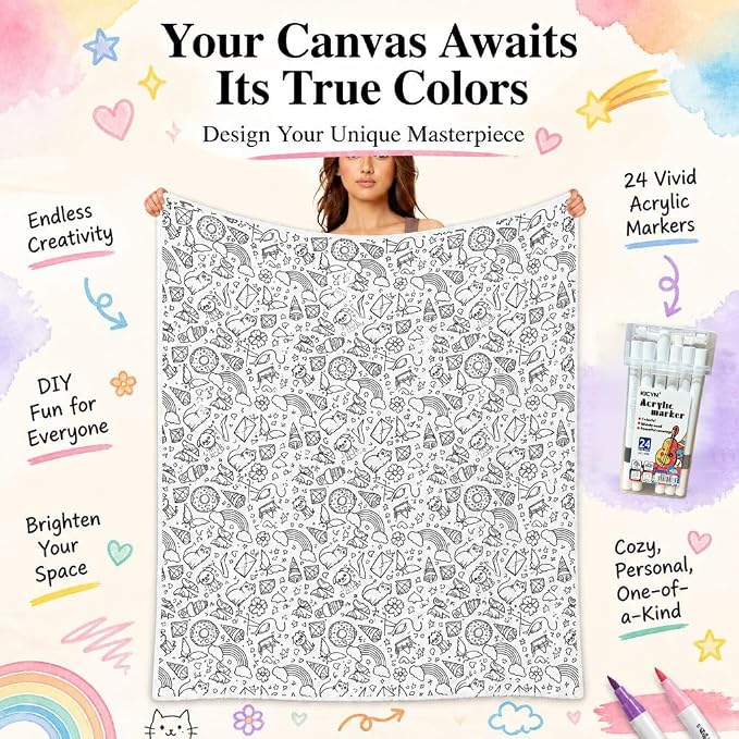 DIY Coloring Blanket with 24 Markers, Custom Color Blankets for Adults | Color In Your Own Blankets With 24 Colors Markers, Snuggle Color Sketch Washable Cozy Blankets Kit Home Decor