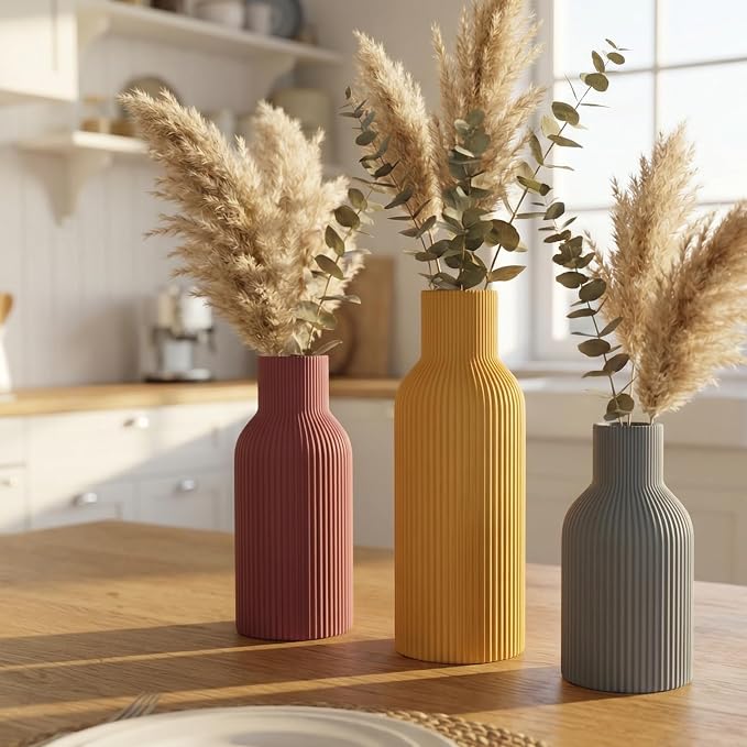 Colorful Ceramic Vases Set of 3, Matte Vertical Ribbed, Minimalist for Pampas Grass &Fresh Flowers, Centerpiece for Living Room,Shelf,Wedding (Mustard Yellow, Dusty Gray, Burgundy)