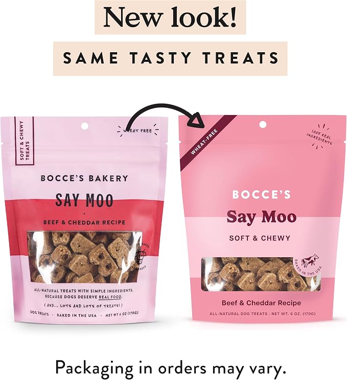 Bocce's Bakery Oven Baked Say Moo Treats for Dogs, Wheat-Free Everyday Dog Treats, Made with Real Ingredients, Baked in The USA, Natural Soft & Chewy Cookies, Beef & Cheddar Recipe 6 Ounce (Pack of 2)
