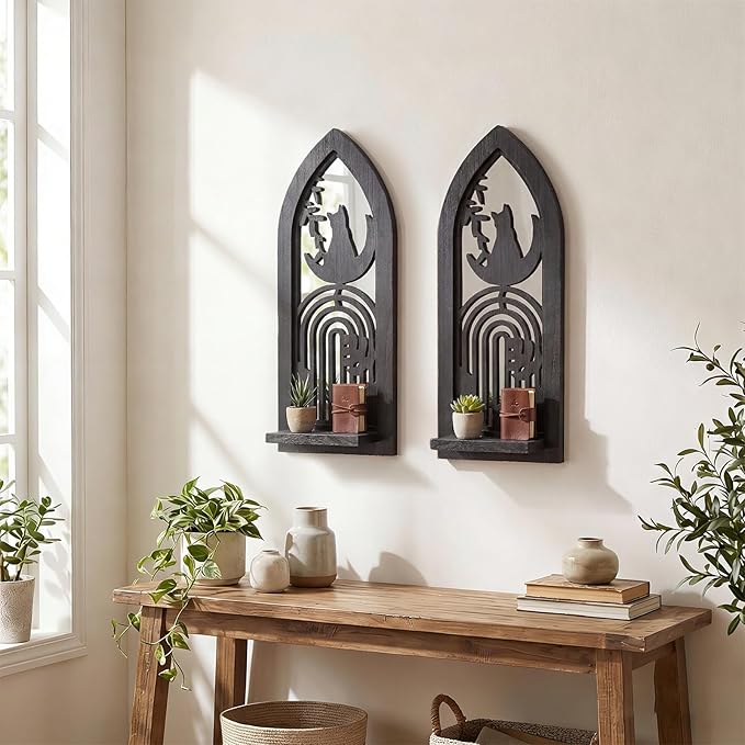ZEXUIRU 2 Set Rustic Candle Sconces Living Room Bedroom Entryway Wood Mirrored, Farmhouse, Carved Frame Wall-Mount Wooden Candle Holders Wall Decor Hanging Handmade Holder - Black