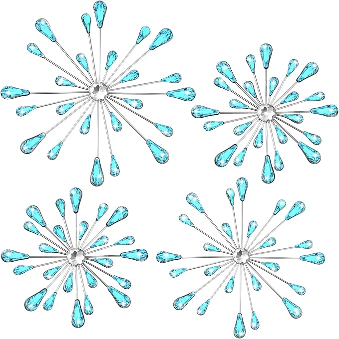 Hicarer 4 Pcs Starburst Wall Decor Bling Wall Art Crystal Teardrop 3D Hanging Rhinestone Radial Metal Artwork Modern Accent Sculptures Decorations for Living Room Home Office Bedroom(Blue)