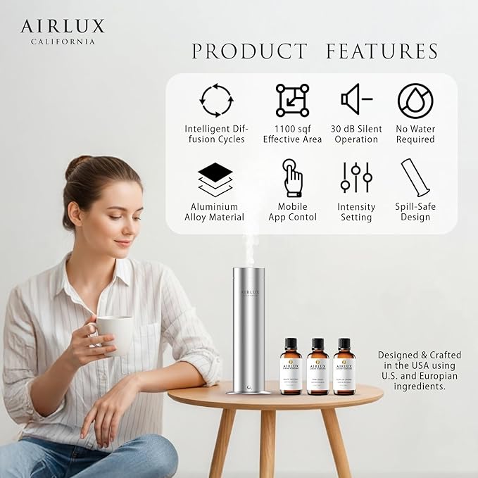 Lunar Smart Scent Diffuser for Home Large Room Oil Diffuser - Elixair 3X Technology Waterless Essential Oil Diffuser with 1100 Sq.Ft Coverage, Spill-Safe Design, Super Quiet 30dB