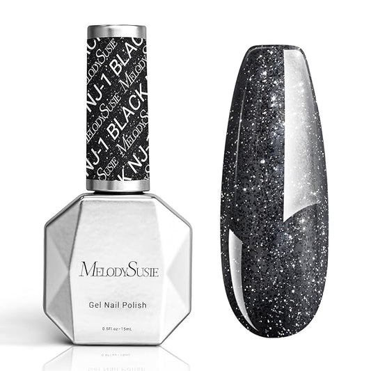 MelodySusie Black Glitter Gel Nail Polish,0.5fl oz Black Diamond Glitter Soak Off UV LED Reflective Shimmer Gel Polish Gift for Women Nail Art Manicure Salon DIY Nail Design Decoration at Home- NJ-1