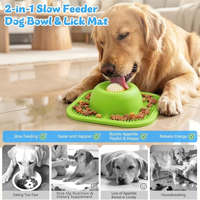 Slow Feeder Dog Bowls & Lick Mat for Liquid and Thick Treat, Anti-Slip Dog Lick Bowl with Interactive Rolling Ball, 5/6 Cup Pup Licking Toy for Large Medium Small Dogs and Cats Green