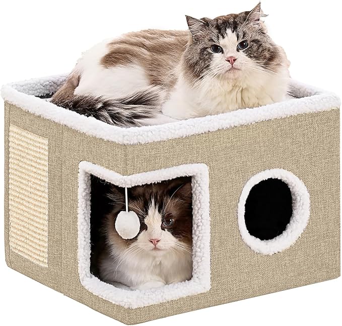 Large Cat Houses for Indoor Cats with Fluffy Ball and Scratch Pad | Foldable Cat Bed Cave for Multiple Pets, Kitten Bed for All Seasons, Non-slip, Hold Up to 30LBS, 16x16x13inch, Khaki