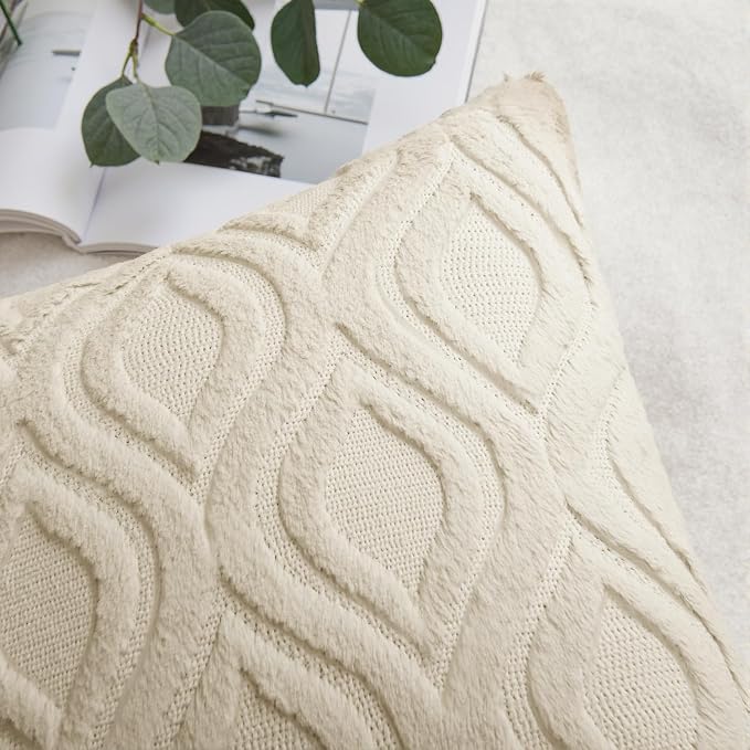 MIULEE Beige Soft Plush Faux Wool Neutral Throw Pillow Covers 20x20 | Set of 2, Fall Farmhouse Boho Home Decor, Decorative Cushion Covers for Sofa, Living Room, Bed