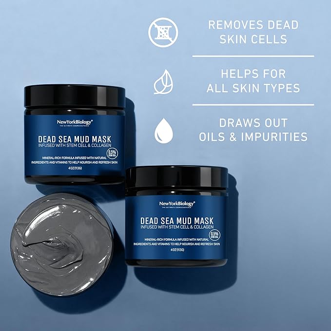 New York Biology Dead Sea Mud Mask for Face, Body | with Stem Cell and Collagen | Spa Quality Pore Refiner for Oily Skin | Natural Skincare for Women, Men | Tighten Skin | 4 oz (Pack of 2)