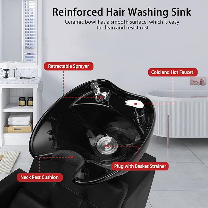 Winado Salon Shampoo Backwash Chair, Hair Wash Stations with Large Ceramic Bowl, Adjustable Shampoo Bowl Sink Chair for Barbershop Beauty Spa Massage Hairdressing Equipment
