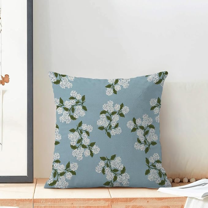 AEIOAE Spring Pillow Covers 18x18 Inch Set of 2, Baby Blue Green Hydrangea Flower Throw Pillows Case,Floral Summer Outdoor Seasonal Decorative Farmhouse Decor Cushion Covers for Home Sofa Bed Couch
