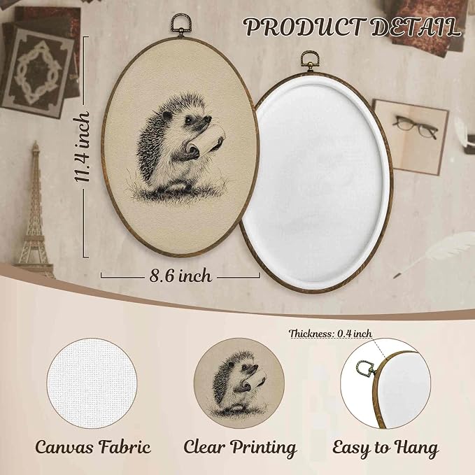 LKETW Funny Hedgehog Bathroom Oval Wall Art Decor, Farmhouse Bathroom Oval Canvas Hanging Decor, Whimsical Sketch Hedgehog Holding Toilet Paper Wall Decorations for Washroom Restroom, 8.6x11.4 Inch