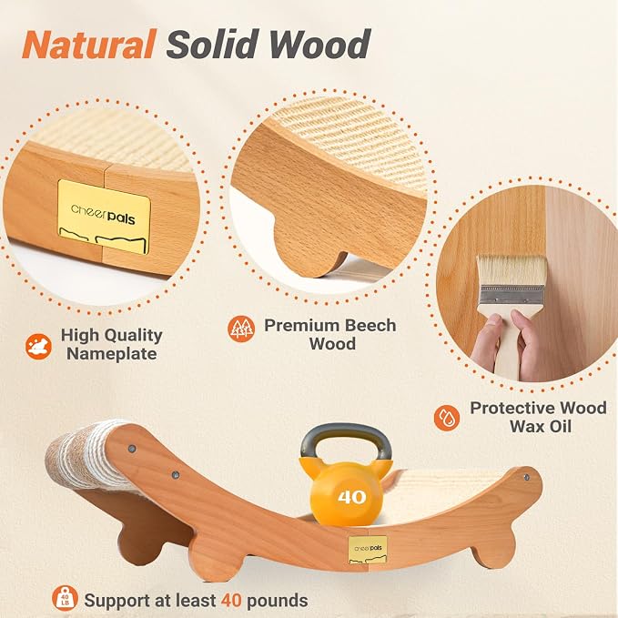 CHEERPALS Sisal Cat Scratcher Bed with Balls Wooden Cat Furniture(Large) | Cat Scratching Post. Indoor Cats Hammock. Natural Sisal Cat Scratch. Assembles in 5 mins. Gentle on kitten claws