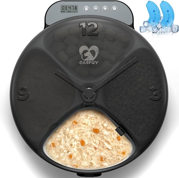 Casfuy Battery-Operated Automatic Cat Feeder - Whisker Friendly Automatic Cat Food Dispenser for Wet Dry Food Cordless 4-Meal Auto Feeder for Cats Small Dogs with Programmable 12H/24H Format Timer