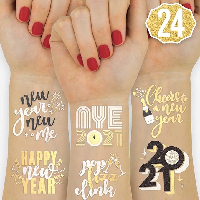xo, Fetti New Year's Eve Party Supplies Tattoos - 40 Gold and Silver Foil Styles | NYE Party Favors, Disco Celebration Decorations, NYE 2026 Decor