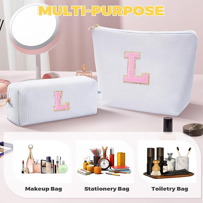 Monogrammed Gifts for Women - Cosmetic Bag for Teen,Initial Cute Makeup Bag Set for Women,Trendy Pouch for Niece Sister Friend Female Her,Birthday Gifts for Daughter - White,L