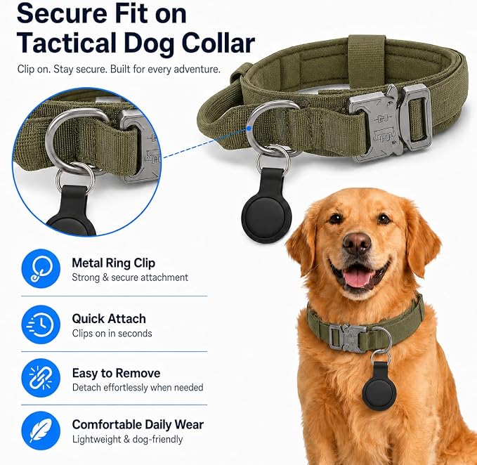 Pet GPS Tracker for Dogs, Compatible with Apple Find My(iOS Only), No Monthly Fee, IP67 Waterproof Anti-Lost Locator, 12-Month Battery, Includes Silicone Collar Holder & Tactical Dog Collar