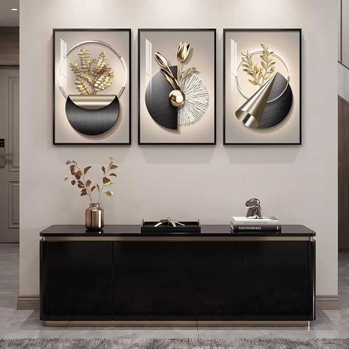 Framed Modern Elegant Wall Art for Living Room, 3 Piece Black and Gold Bright Luxury Prints Paintings, Contemporary Golden Flower and Geometric Pictures for Bedroom Dining Room Entryway Wall Decor 16x24 In
