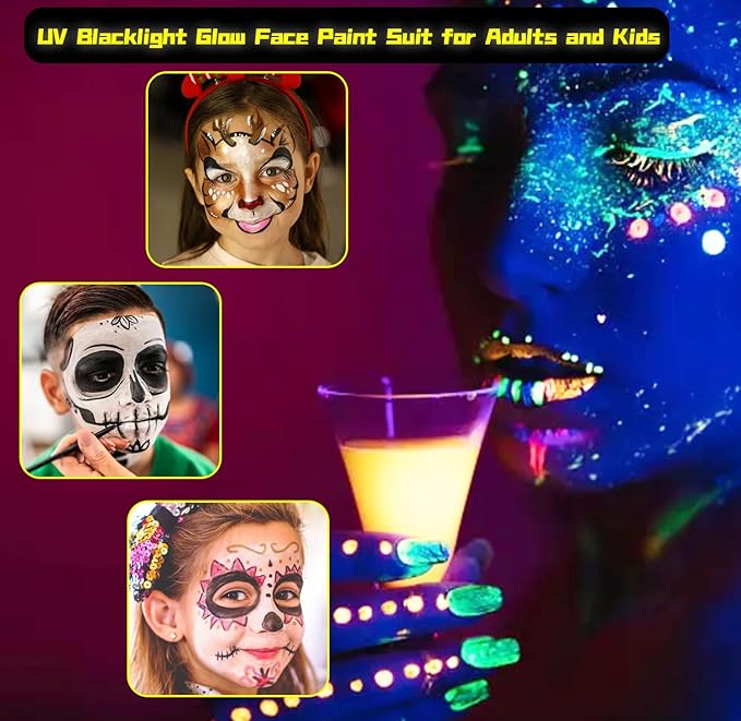 Glow in The Dark Face Body Paint, Glow In The Dark Under UV Black Light Sticks Makeup Neon Face Painting Kits for Adult Halloween Festival Accessory Glow Party Supplies (12 color)