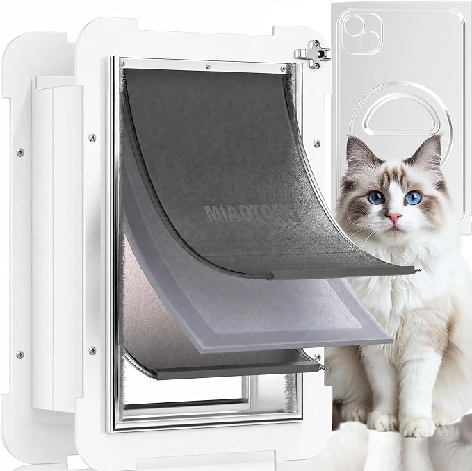 MIAOTONG 3-Flap Steel Small Dog Door for wall with Sliding Lock Panel | Weatherproof Extreme Weather Pet Door, Insulated Doggy Door with Telescoping Tunnel, Ideal for Dogs & Cats (Up to 12 Lb)