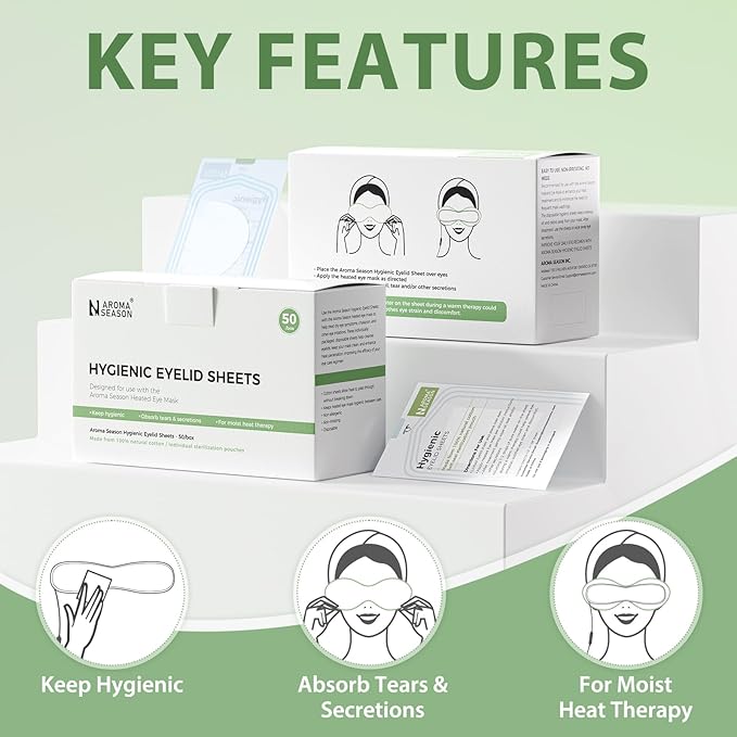 Aroma Season 100% Natural Cotton Hygienic Eyelid Sheets, Perfect for Use with Aroma Season Heated Eye Mask, Warm Eye Compress, Individually Wrapped Untreated Sheets 50 Count Box