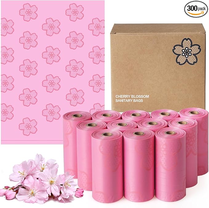 300PCS Cherry Blossom Scented Sanitary Napkin Disposal Bags, Pink Disposable Sanitary Bag Personal Care Disposal for Tampons Trash Bag, Disposable Mini Bags for Women Privacy Handling Bag Diaper Sack