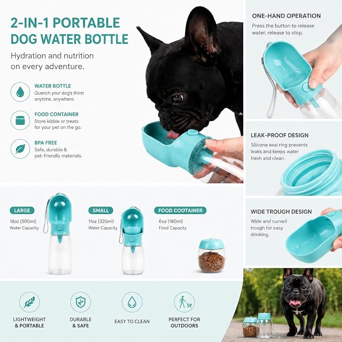 2-in-1 Dog Cat Portable Water & Food Travel Dispenser Bottle (Blue)