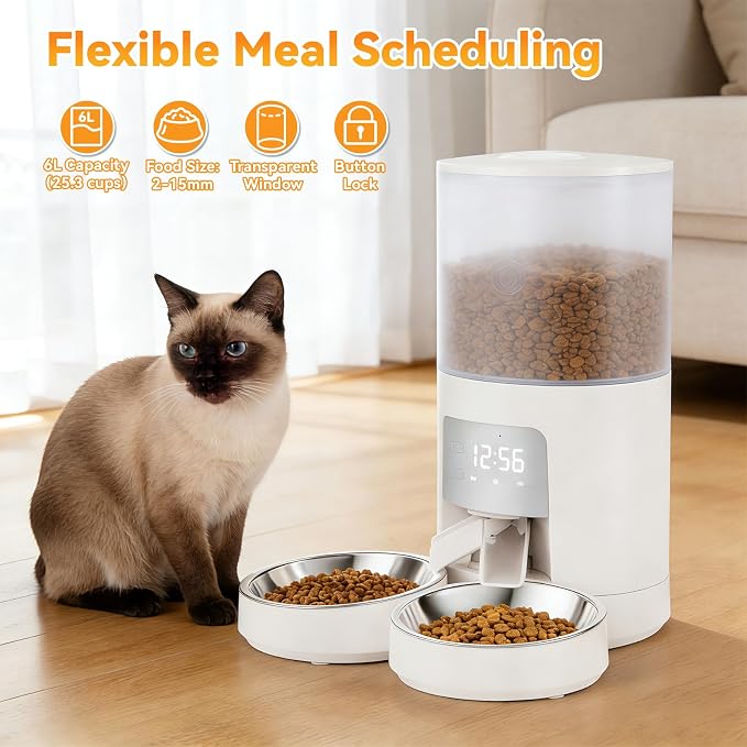 NEWBULIG Automatic Cat Feeder for 2 Cats, 6L Timed Pet Feeders, White | Dual Bowls, 25.3 Cups, 10s Voice Recorder, Dog Food Dispenser for Dry Food, 6 Meals/Day, 50 Portions/Meal, Dual Power Supply