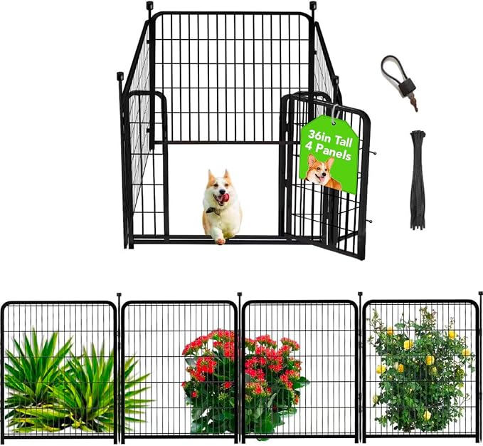 Getlay Dog Playpen 36inch 4 Panels, Puppy Playpen Indoors, Dog Fences Outdoor for Yard, Wide Door Low Threshold Garden Fencing for Medium/Large Pets. Black Pens Total 8.9 Ft(L)