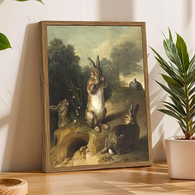 Vintage Easter Rabbit Wall Art, Rustic Bunny Wall Decor Painting Cottagecore Animal Poster Canvas Prints Picture for Living Room Farmhouse Bedroom 12x16 inch Wood Framed