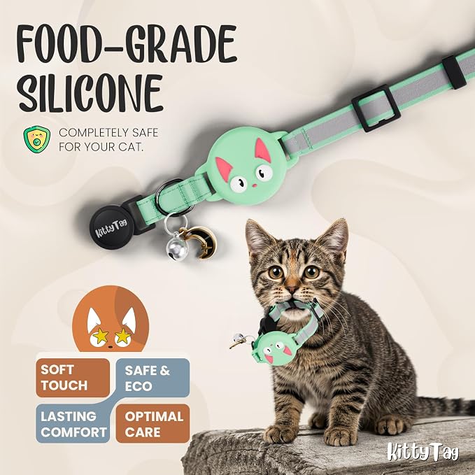 Cat Collar with Airtag Holder, Breakaway Air Tag Collar for Apple airTag, Reflective & Luminous Design, Waterproof GPS Tracker for Cats and Kittens, Includes Bell, Green Mint (9-12")
