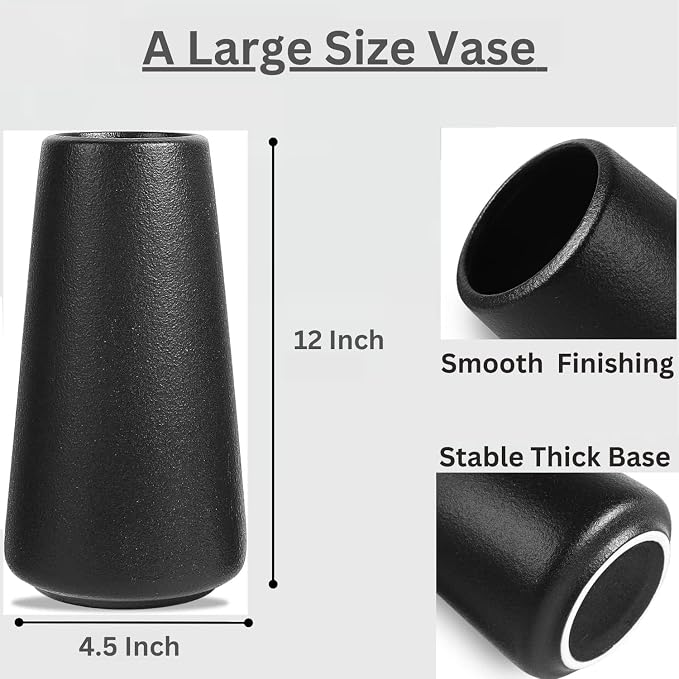 DECORPIA 12 Inch Tall Premium Quality Ceramic Vase | Flower Vase for Home Decor | Farmhouse Decor, Desk Decor, Modern Decor, Aesthetic Room Decor, White Vase for Bohemian Decor, Pampas Vase, Black