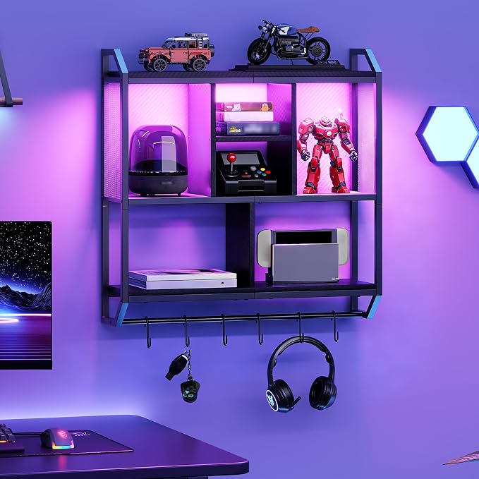 HOOBRO Gaming Floating Shelves with LED Lights, 28.7" LED Wall Mounted Shelf, 3-Tier Display Rack for Wall Storage, Floating Rack with Hanging Rod and 6 S-Hooks, for Gaming Room, Black BB70DBJ01