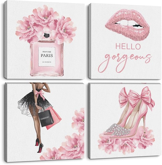 Pink Fashion Canvas Wall Art, Perfume High Heels Lipstick Beauty Wall Decor | Aesthetic Framed Posters Art Prints Artwork Pink Pictures for Women Girls Room Apartment Vogue Living Room Decor Set of 4