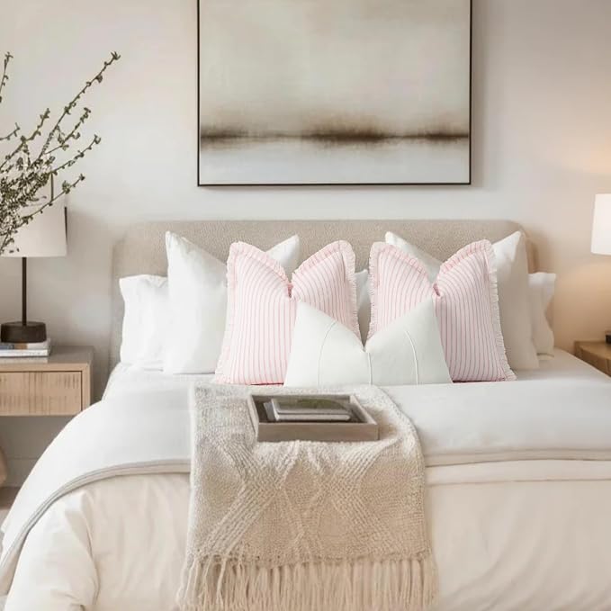 Throw Pillow Covers 16x16 Set of 2 Striped Pillow Covers with Fringe Chic Cotton Decorative Pillows Square Cushion Covers for Sofa Couch Bed Living Room Farmhouse Decor, (Pink)