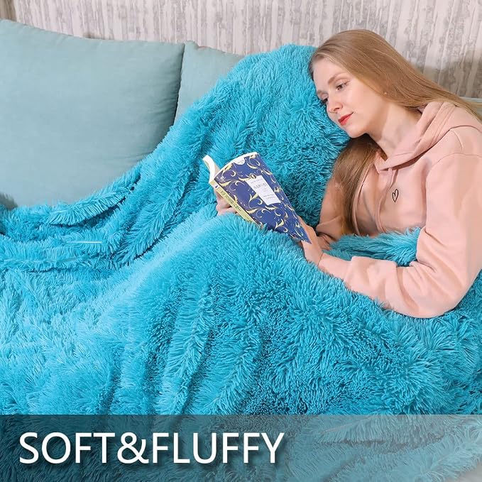 YUSOKI Long Faux Fur Throw Blanket, Teal,50" x 60" | Ultra Soft, Lightweight for All Season Use, stays fluffy after repeated washes, Perfect Gifts, Machine Washable