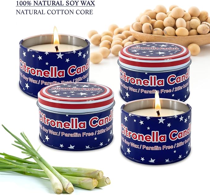 American Flag tin Candle Set of 4 (4oz Each) – Long-Lasting Outdoor Citronella Candles for July 4th Independence Day – Fresh Invigorating Fragrance to Enhance Ambiance