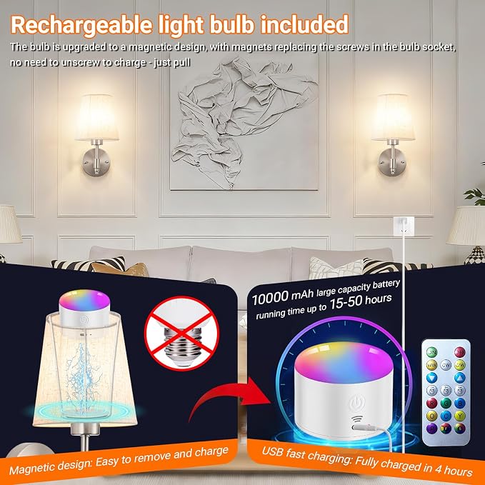 YHCDLAMP Peel and Stick Wall Sconces, No Drilling Stick On Wall Sconce, Wireless Battery Operated Wall Lights, Adhesive Wall Lamp with 10000mAh Battery Bulb for Bedroom Living Room Decor