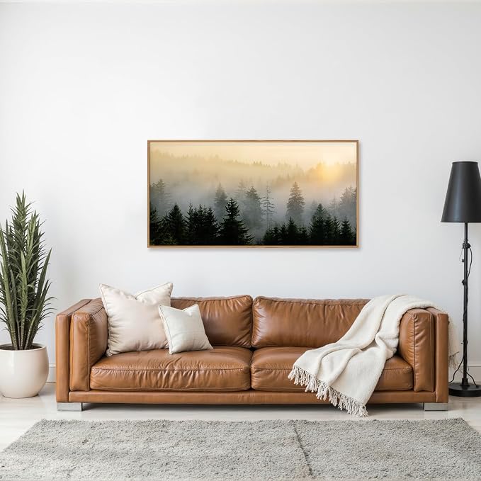 FWIEXA Misty Forest Wall Art Set Framed, Large Mountains Canvas Wall Decor, Green Nature Wall Painting, Foggy Tree Landscape Artwork 20x40 Inches for Living Room, Bedroom, Office, Gift