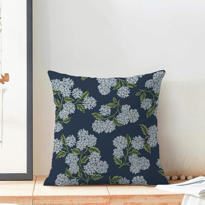 AEIOAE Spring Pillow Covers 18x18 Inch Set of 2, Navy Blue Green Hydrangea Flower Throw Pillows Case,Floral Summer Outdoor Seasonal Decorative Farmhouse Decor Cushion Covers for Home Sofa Bed Couch