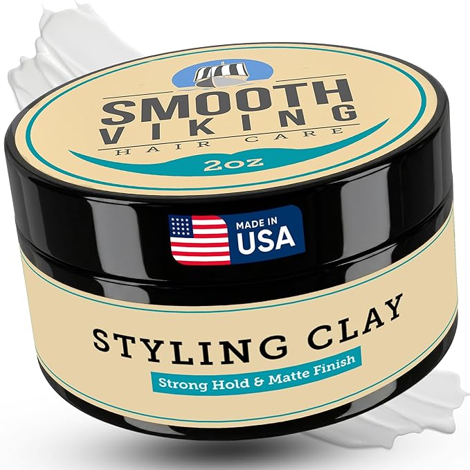 Smooth Viking Hair Clay for Men - Strong Hold Clay Pomade, Matte Finish, Oil-Free, Made in USA, All Hair Types, Natural Scent, Easy Wash Out, Thickening, Nourishing, 2oz
