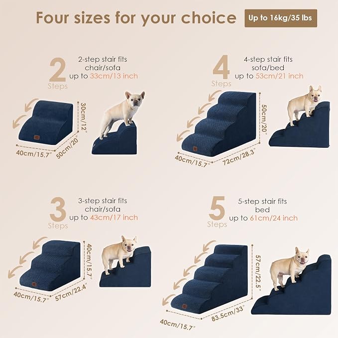 EHEYCIGA Curved Dog Stairs Ramp, 3-Step Dog Steps, 15.7" H Pet Step | 33D density of pure foam, for Small Dogs and Cats, Pet Stairs for High Bed Climbing, Non-Slip Balanced Indoor, Navy