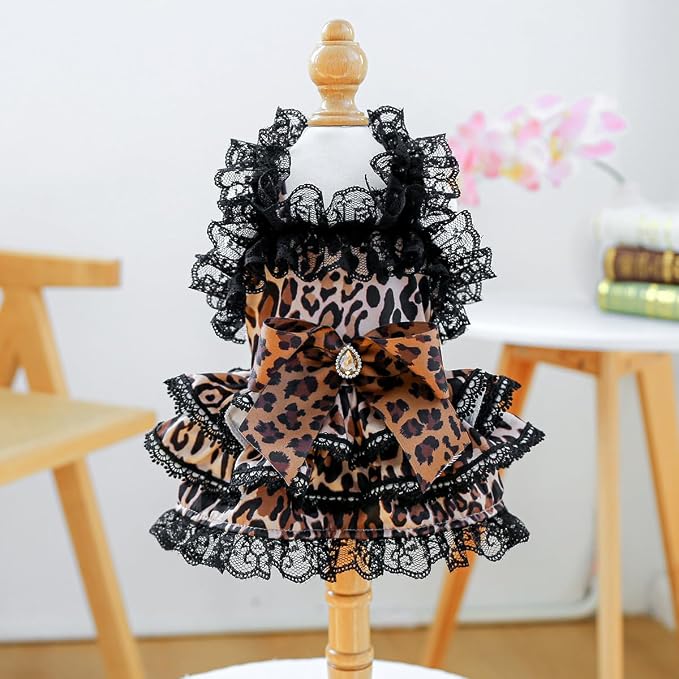 Dog Lace Leopard Print Dress Summer Autumn Cat Suspender Skirt, XL | Small & Medium Pet Party Leopard formal Dress For Yorkie Maltese Chihuahua Pug Shih Tzu Toy Poodle French Bulldog
