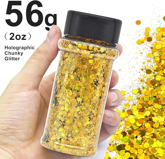 Gold - Craft Glitter - 2oz Glitter Shaker Bright Colorful Holographic Mix Chunky Body Glitter Bulk Wholesale 24 Colors in Shaker Cosmetic Glitter - EBLB200