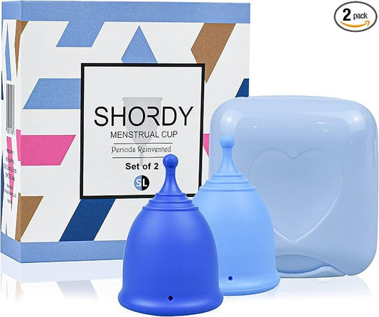 SHORDY Reusable Menstrual Cups Set of 2 with Box - Small and Large Period Cups for Women - 12 Hour Leak Free Protection - Medical Grade Silicone - Copa Menstrual para Mujer - Blue
