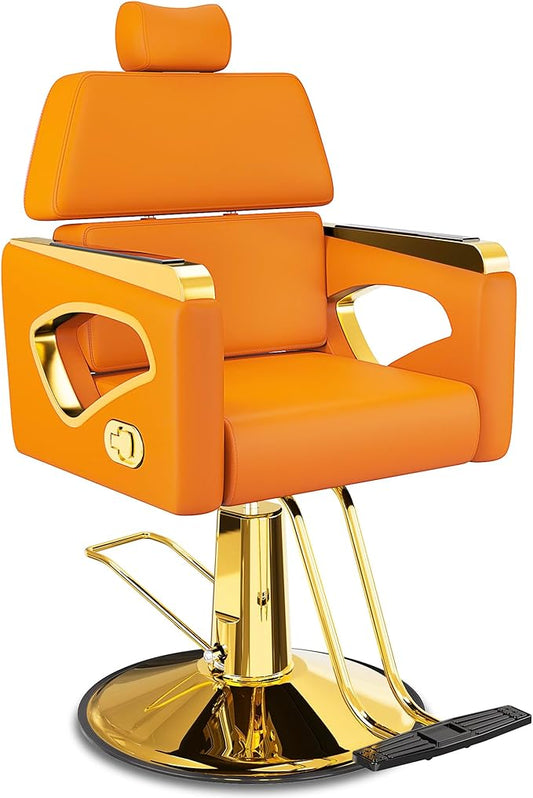 Baasha Orange Gold Reclining Salon Chair with Removable Headrest, Heavy-Duty Barber Chair with Steel Frame, Comfortable Design, 440 lbs Capacity