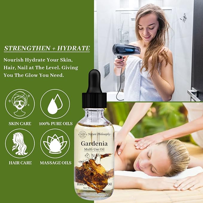 NP NATURES PHILOSOPHY Gardenia Multi-Use Oil for Face, Body and Hair - Organic Plant Fragrant Essential Oil for Dry Skin, Scalp and Nails - 2 Fl Oz